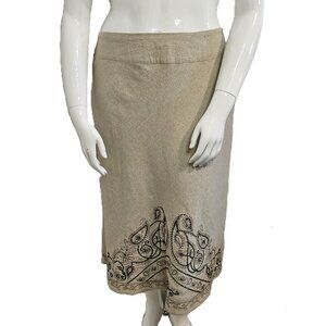 RICHARD MALCOLM Beige Embroidered  Beaded Linen Midi A-Line Skirt Size 16